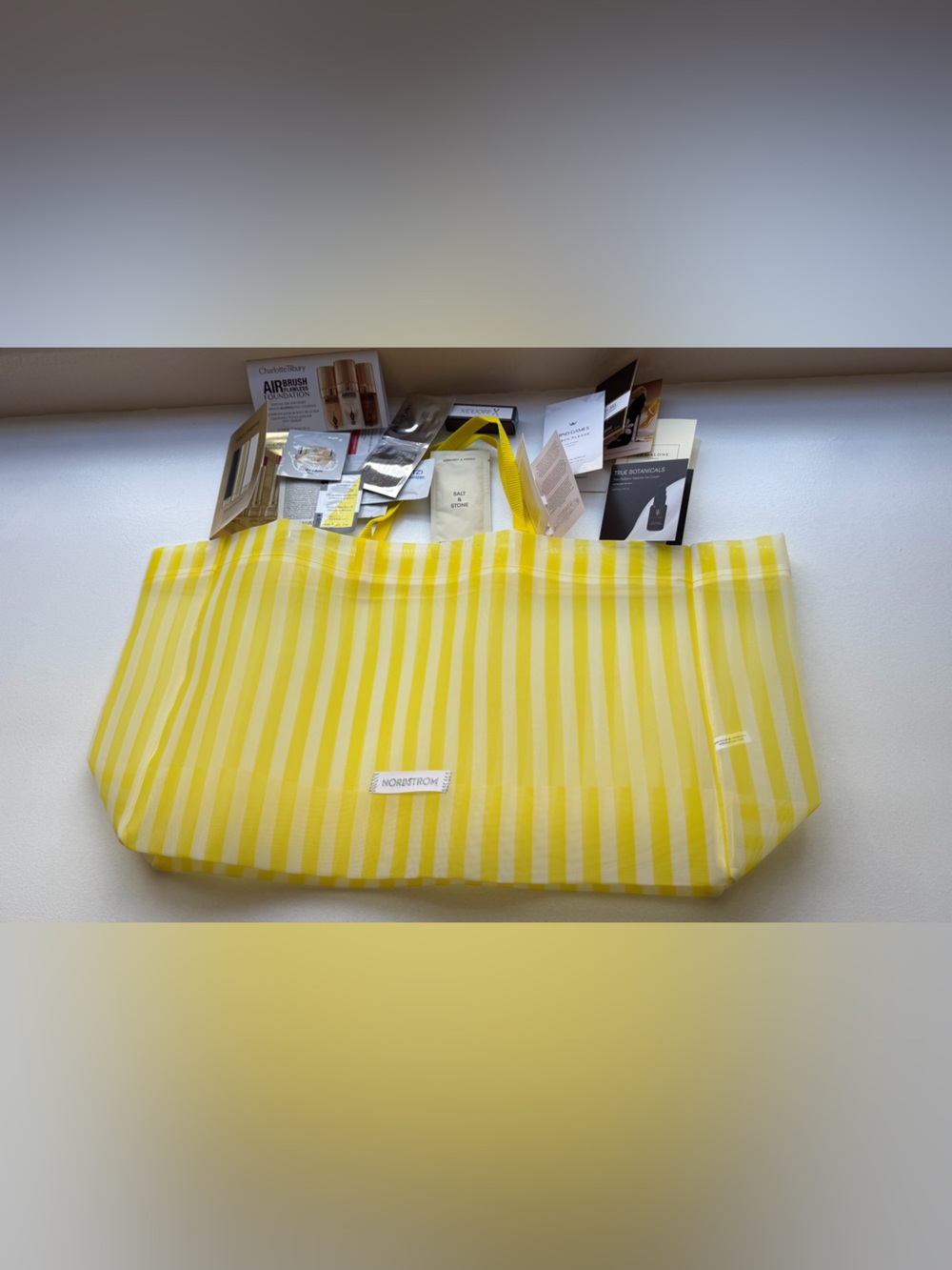 Nordstrom Anniversary Sale Yellow & White Stripe Beach Bag with Beauty Samples